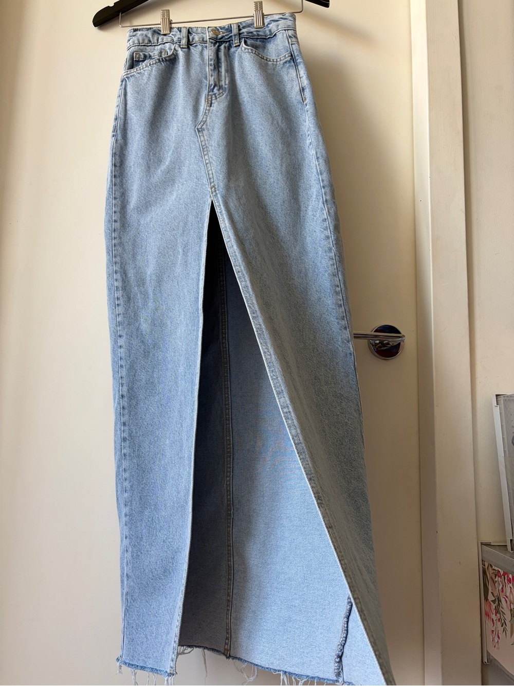 Cavalonne Express Yourself Light Blue Denim Maxi Skirt with High-Slit